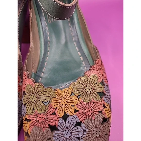 L'Artiste AVNIA Sandals Blue Multi Floral Hand Painted Peep Toe Heels 39 - Picture 12 of 12
